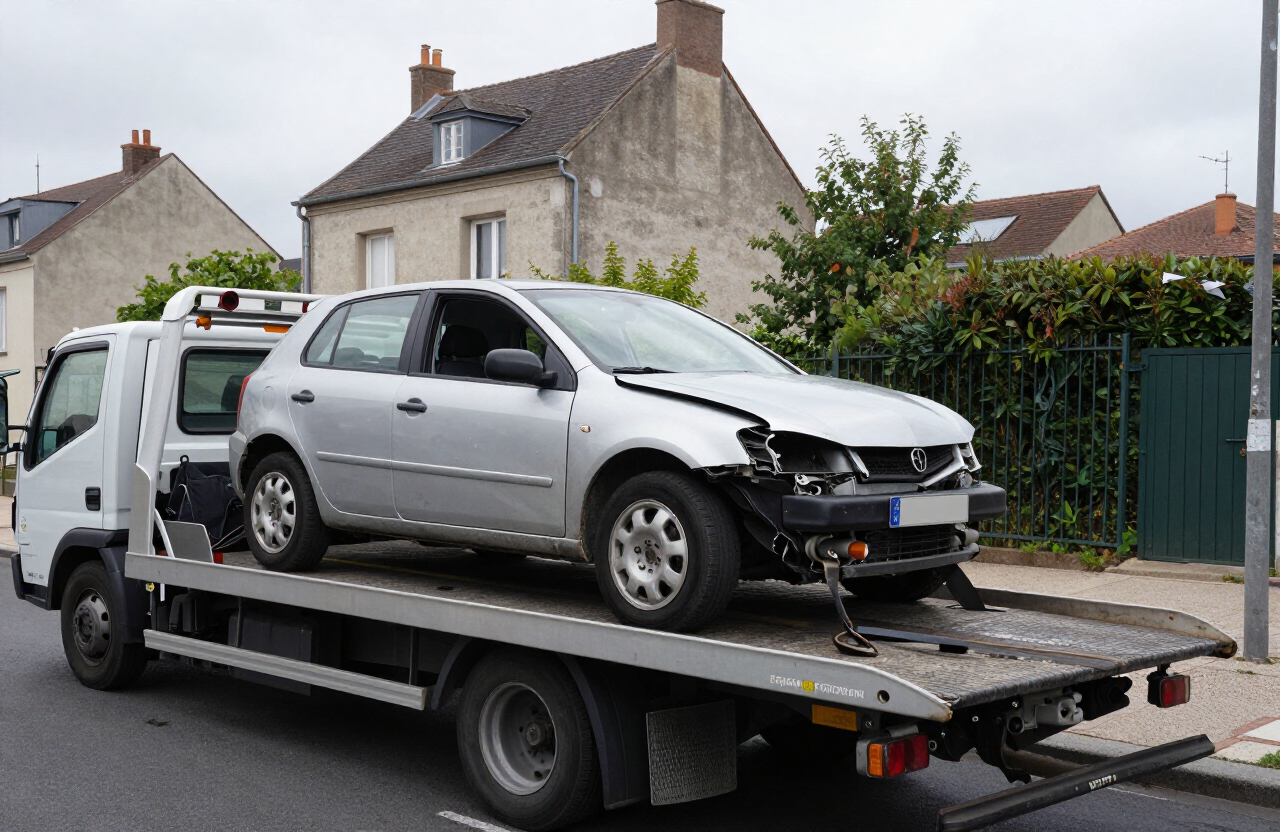 Voiture accidentée chargée sur la dépanneuse EYB Auto pour destruction