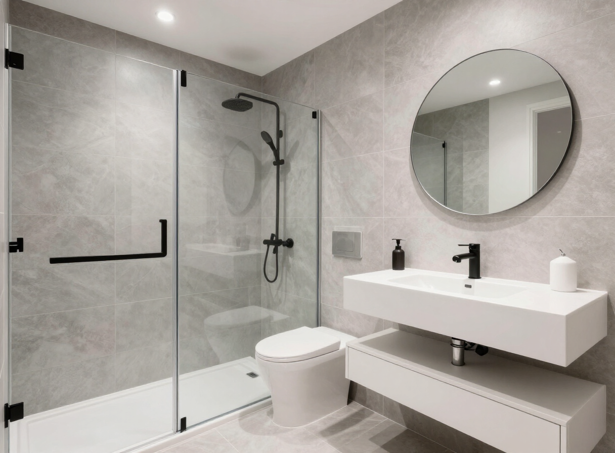 Baño moderno después de la reforma con ducha a ras de suelo