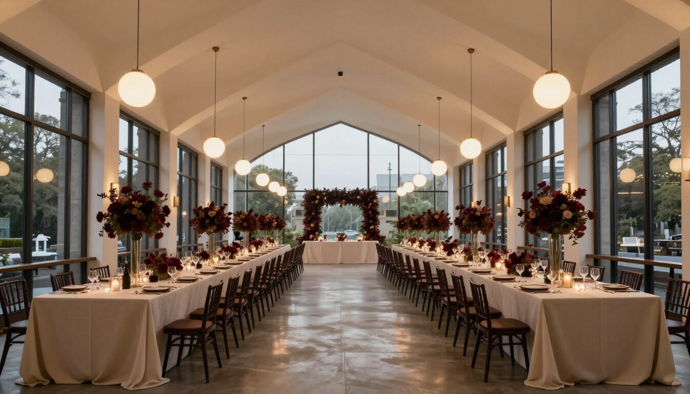Salón de eventos contemporáneo preparado para una celebración