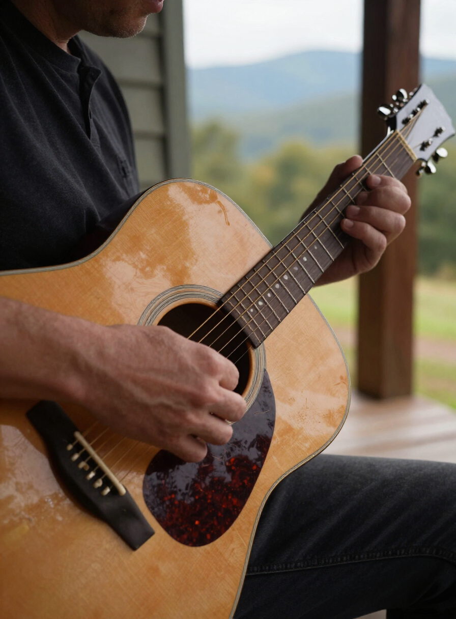 Primer plano de una guitarra acústica desgastada tocada con púa flatpicking en un rústico porche de las Montañas Blue Ridge