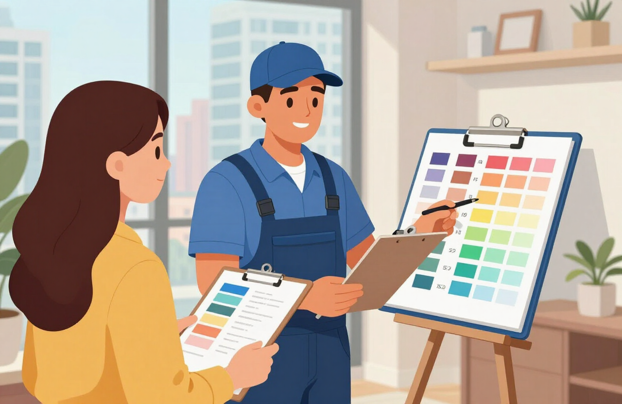Illustrative painting contractor reviewing a color and scope plan with a condo owner in a Fort Lee NJ high-rise unit