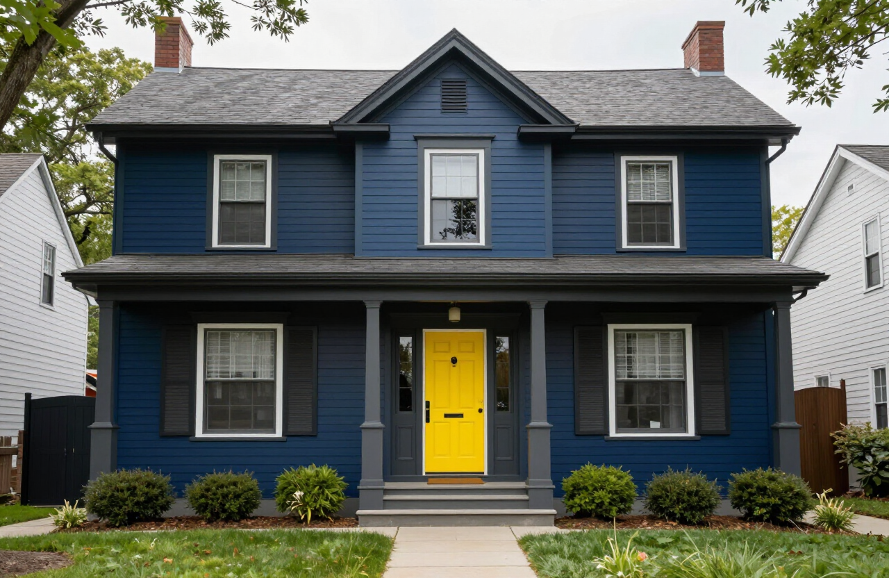 Rutherford NJ historic home with modern accent colors — navy body, charcoal trim, bright yellow door