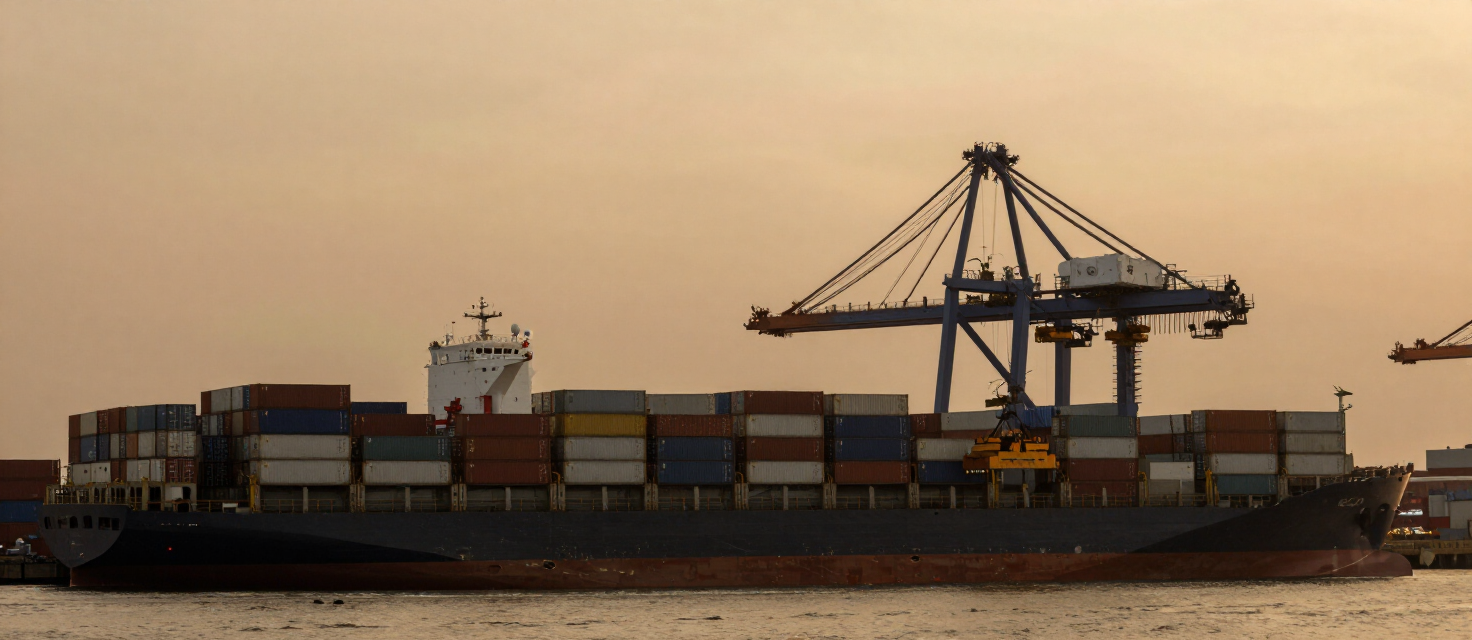 Container port at dusk loading confectionery machinery for export