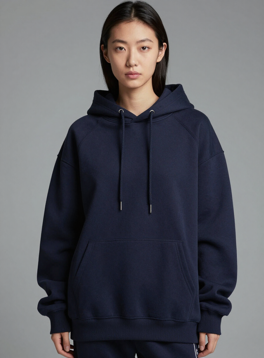 Model wearing the boxy deep-navy Hawser Hoodie