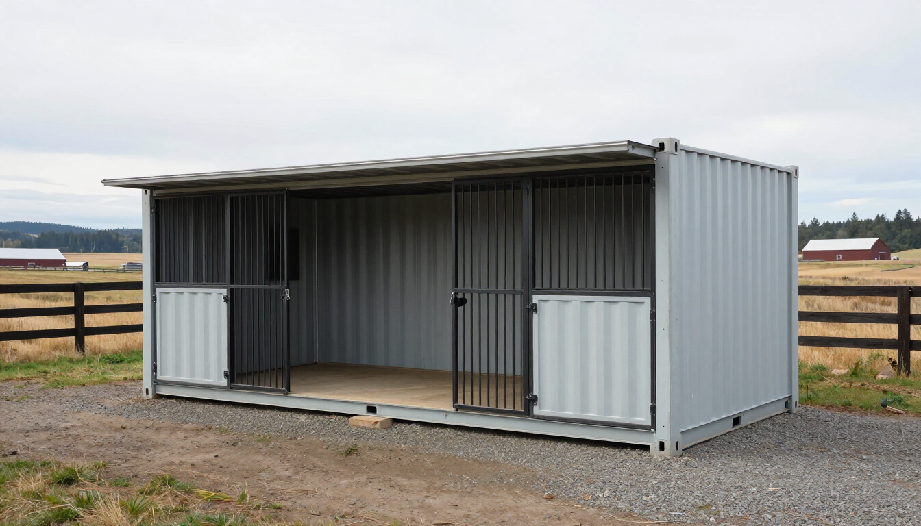 Saddle & Steel Ranch 1 — empty full 20-foot container build with stalls, dutch doors, vertical pipe stall bars, and center tack room, situated on ranch property, 7 foot 8 inch depth