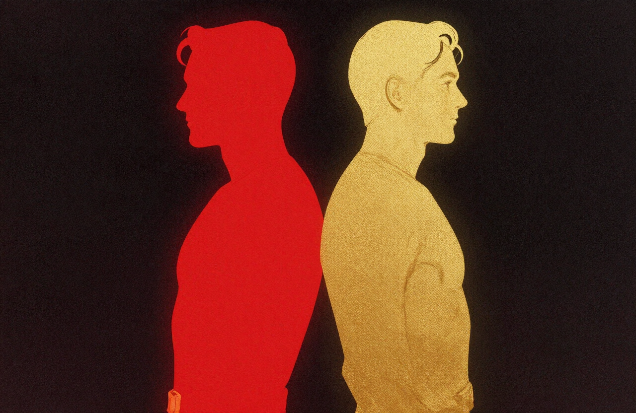 Illustration of two generic superheroes back to back like reflections, one in red and one in gold