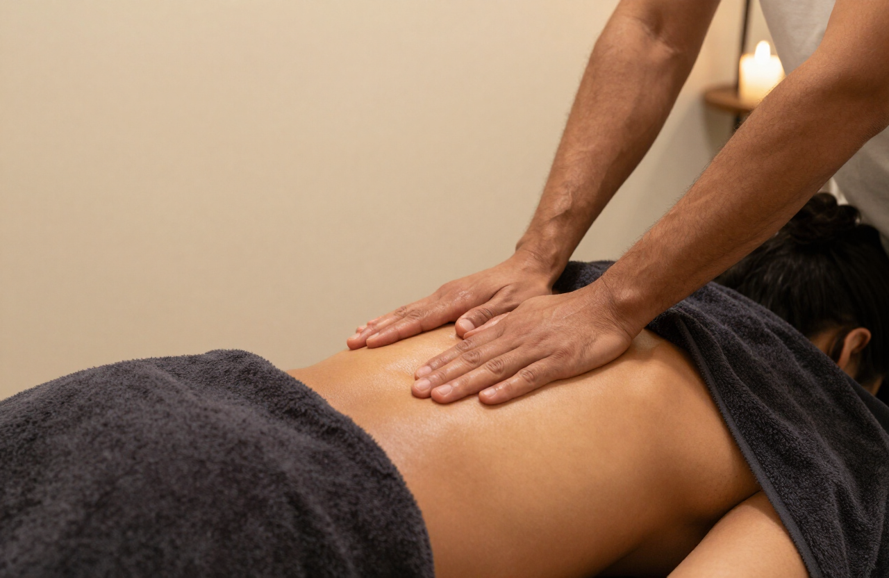 Deep tissue massage detail with firm forearm pressure at Almira Spa, Kilimani, Nairobi