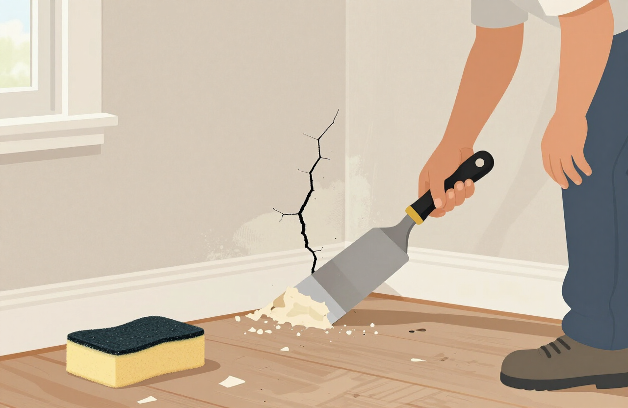 Illustrative drywall repair scene in a Lyndhurst NJ home with a specialist patching a settlement crack with joint compound