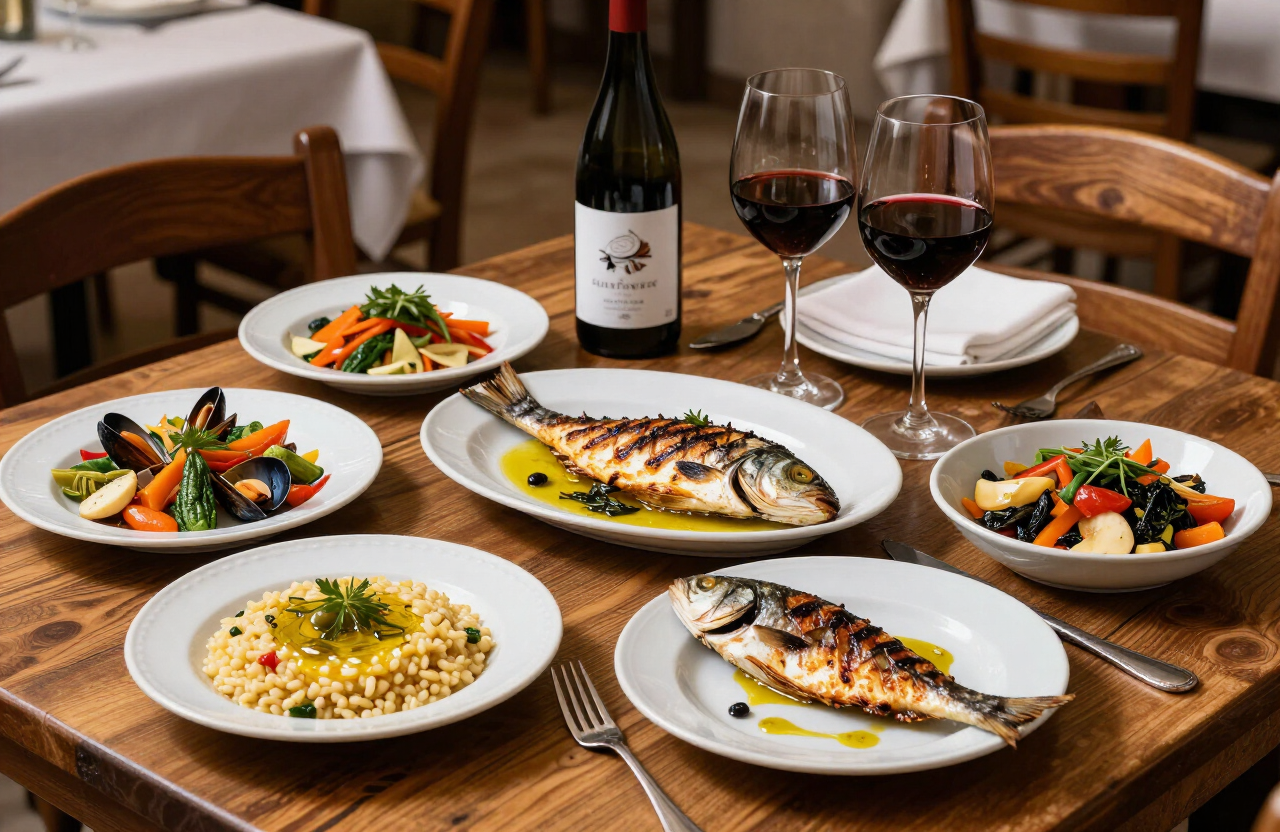 Traditional Dalmatian food with grilled fish, seafood and olive oil