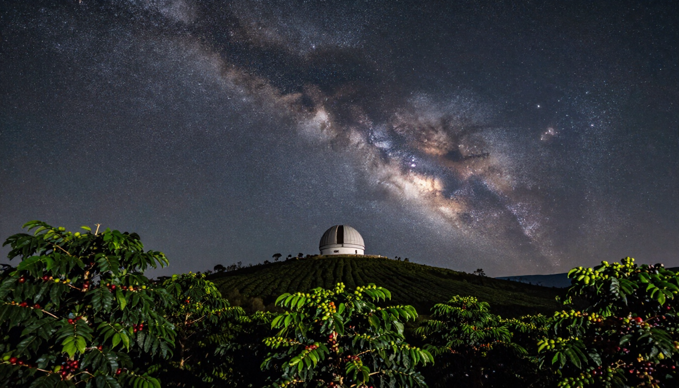 Céu estrelado sobre cafezal em Brazópolis com observatório