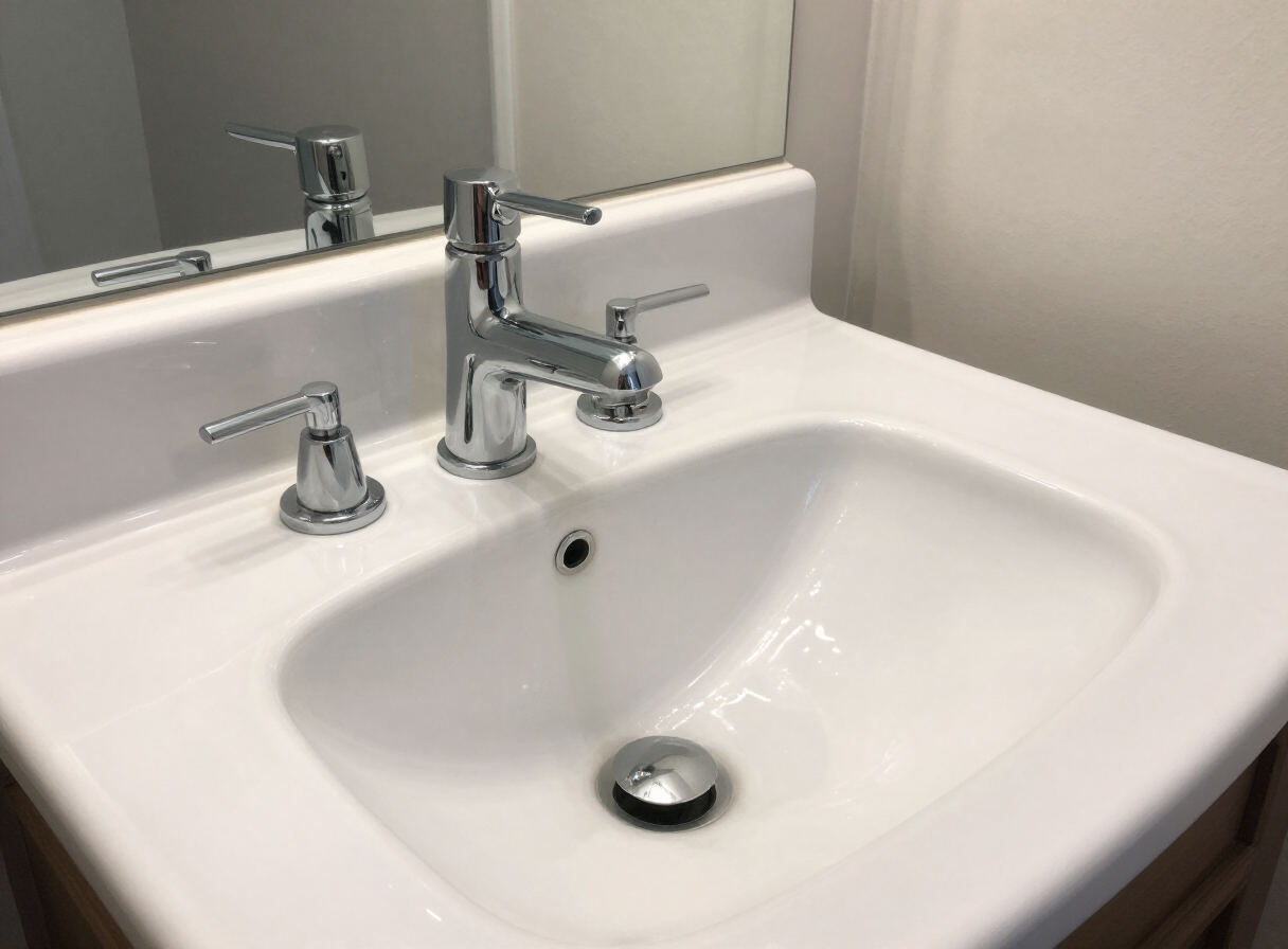 New white porcelain sink with chrome faucet after installation
