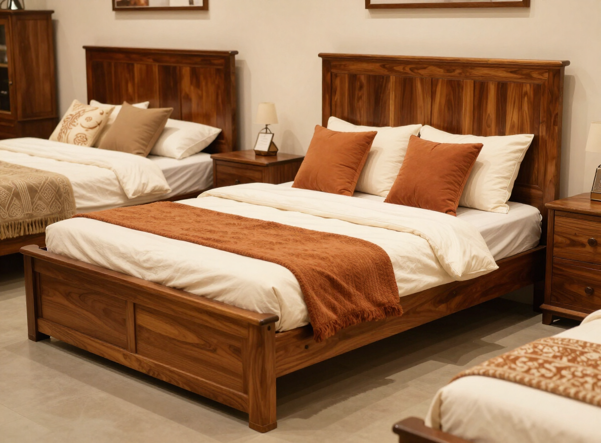 Teakwood storage bed with box storage base and paneled headboard
