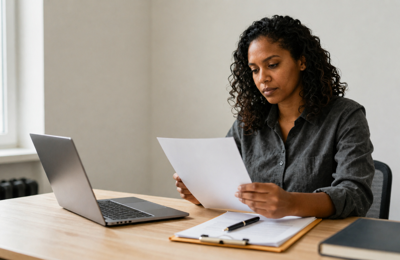 Small business owner reading an IRS notice at a desk