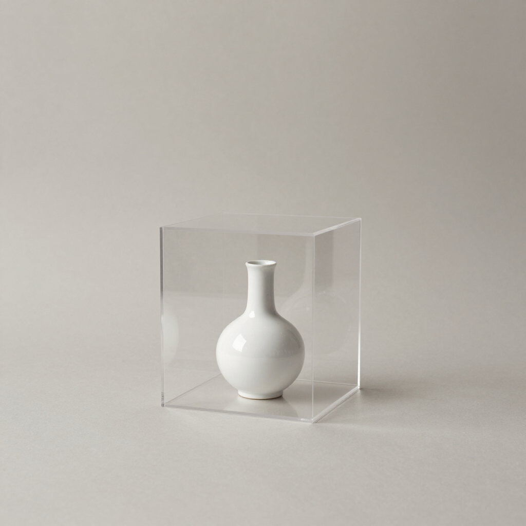 Clear acrylic museum display case with a small white ceramic vase inside