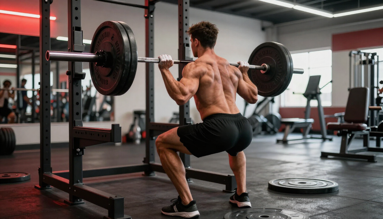 Athlete setting up under a loaded bar in a bodybuilding gym