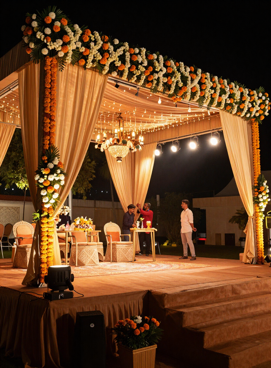 A wedding reception stage with floral decor being prepared in Udaipur