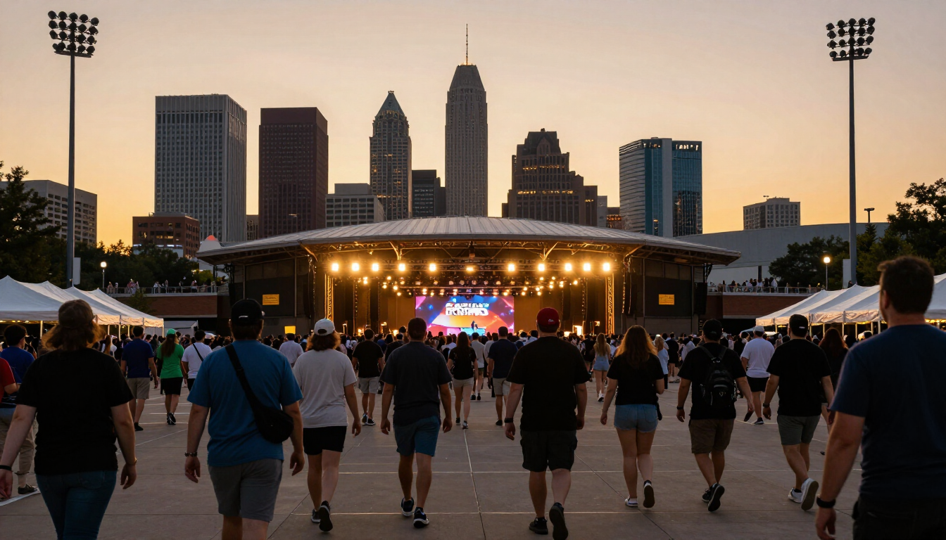 Concert-goers walking toward a brightly lit arena entrance at sunset with a city skyline behind them.