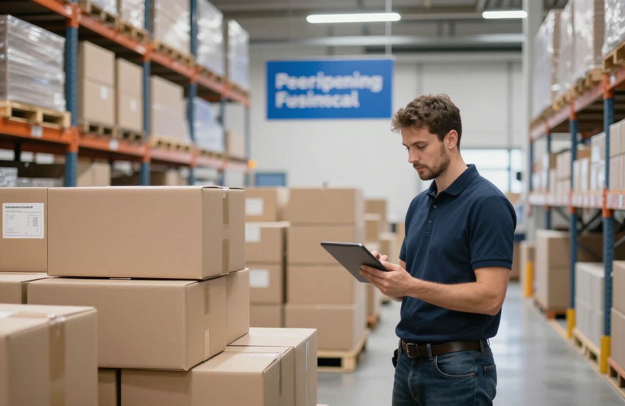 E-commerce fulfillment warehouse with neatly stacked shipping boxes