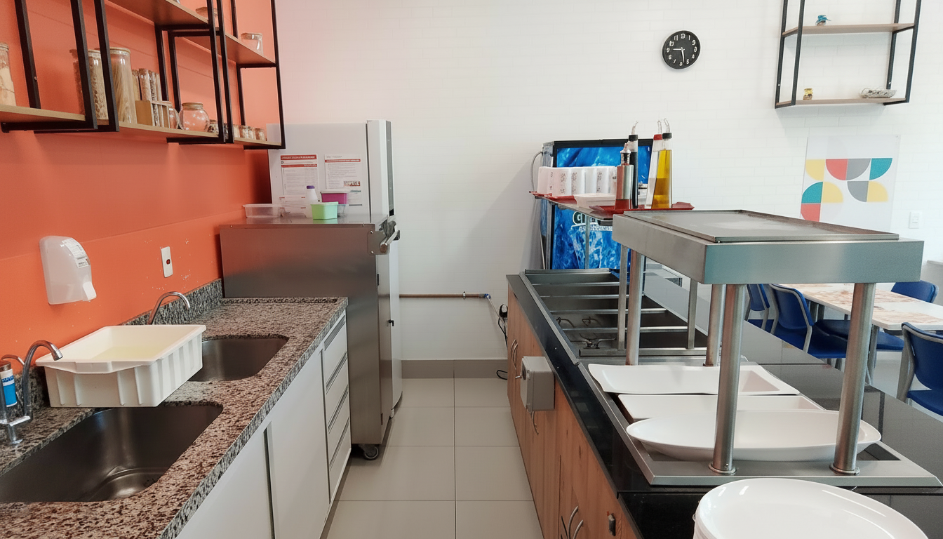 Cozinha com bancada de granito, pias, prateleiras e linha de buffet em inox