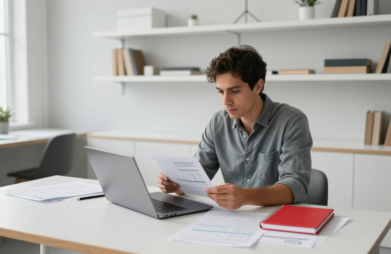 Small business owner reviewing financial records