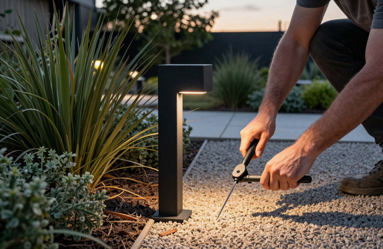 Installing a LumiLev retractable path light in a modern garden