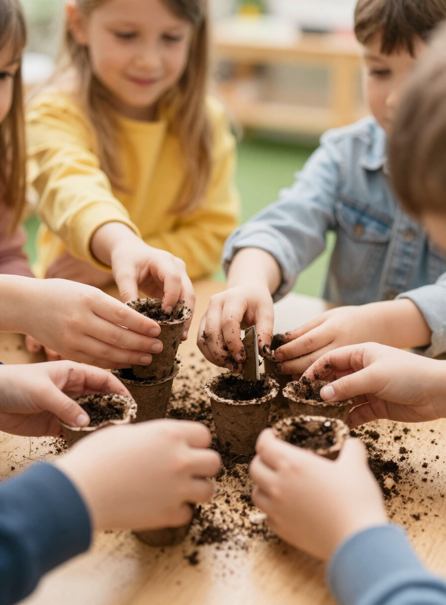 Children planting seeds in small pots
