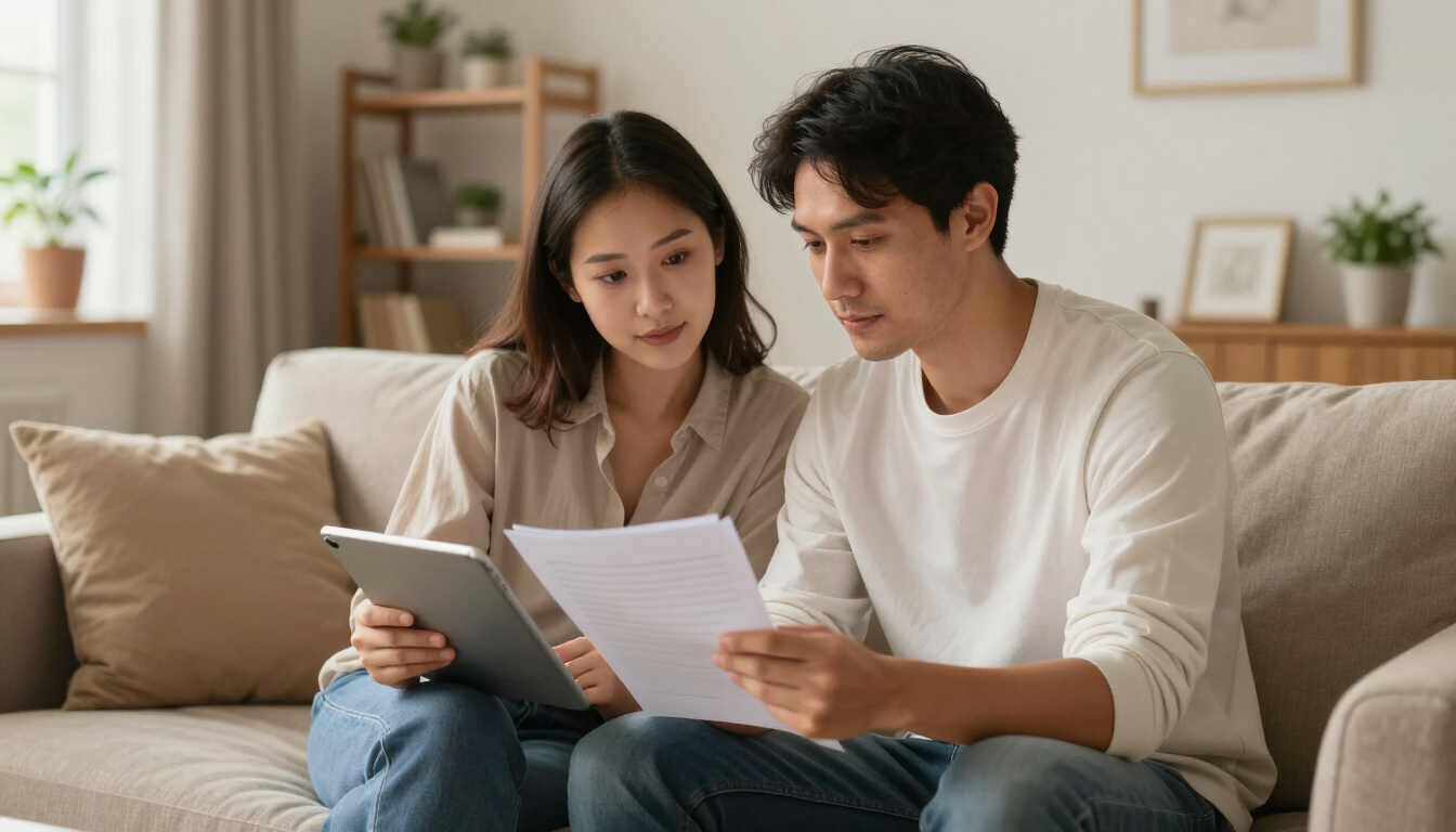 Casal analisando apólice de seguro residencial dentro de casa