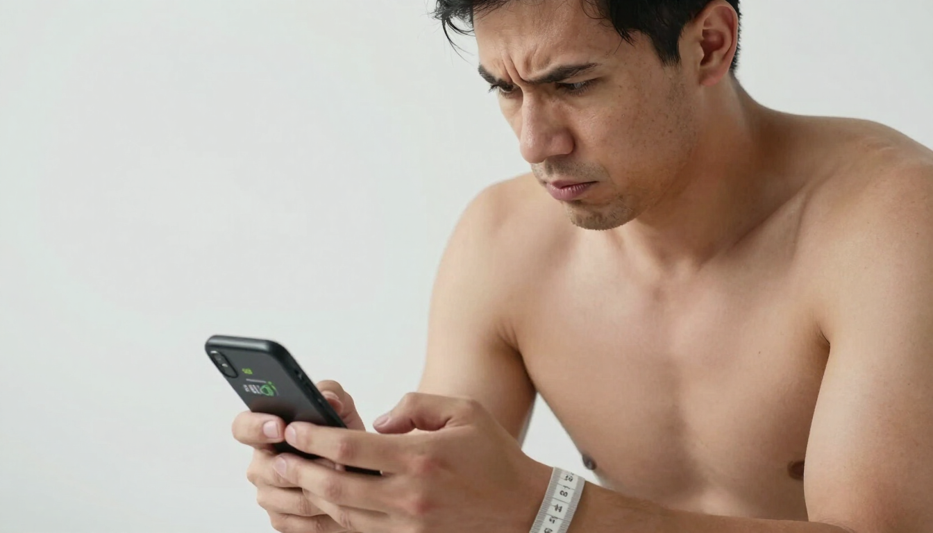 A moderately athletic adult looks puzzled at a phone showing a BMI result after a gym session, with a tape measure nearby.