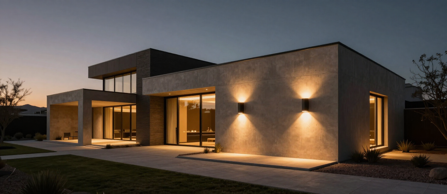 Modern architectural home at dusk illuminated by LumiLev retractable landscape lighting