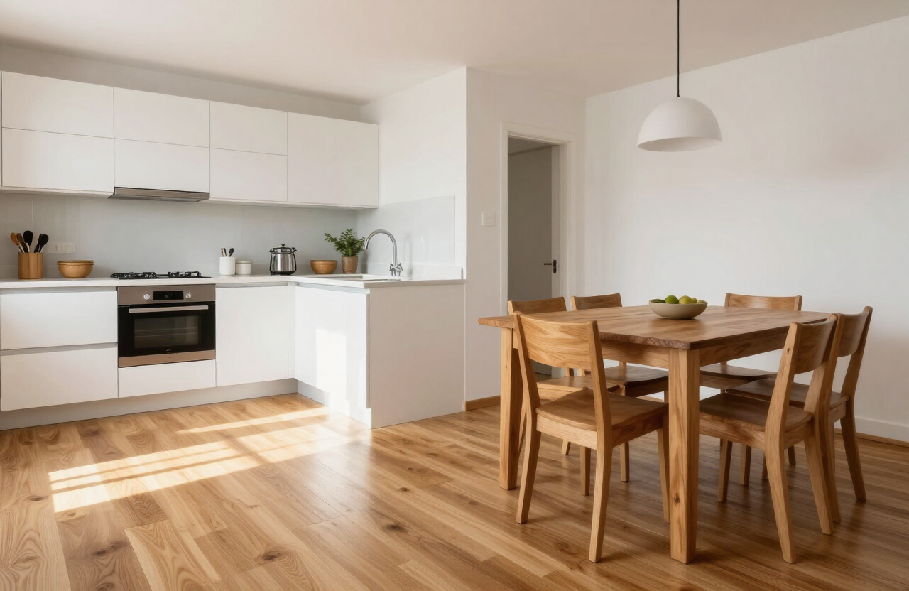 Cozinha open-space com pavimento vinílico SPC em tom carvalho