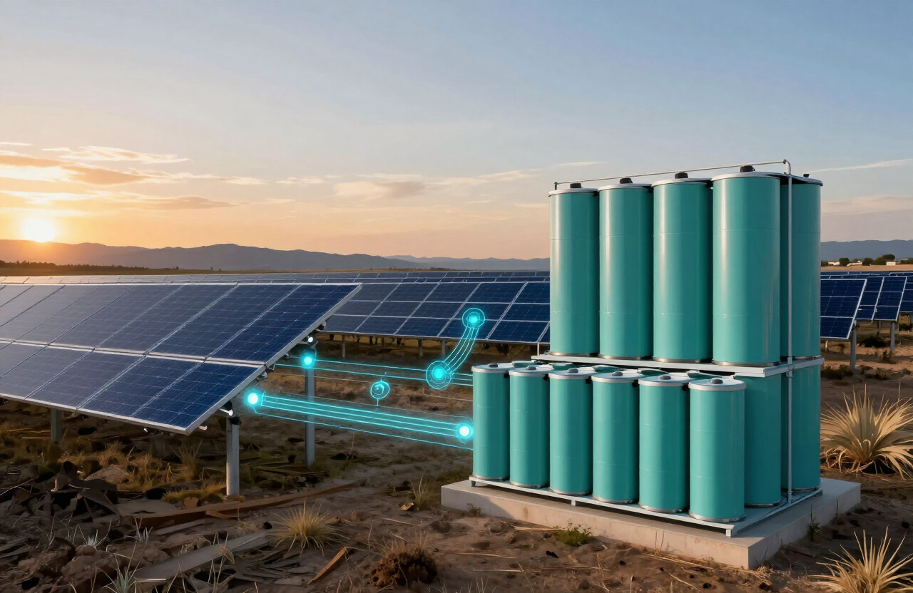 Planta solar y baterías de almacenamiento conectadas por una red digital