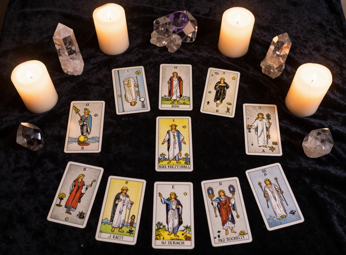 Tarot card reading session with crystals and candles