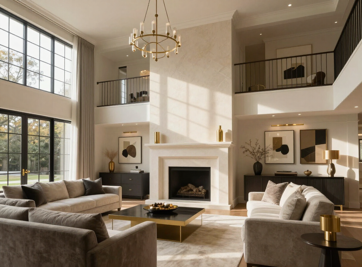 Dramatic double-height living room in a Charlotte luxury home