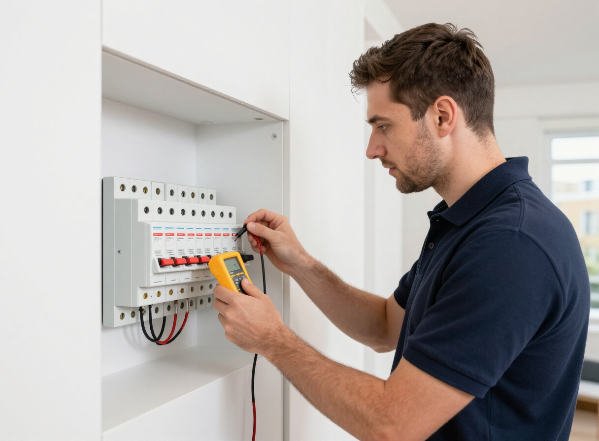 Electrician testing a consumer unit with a multimeter