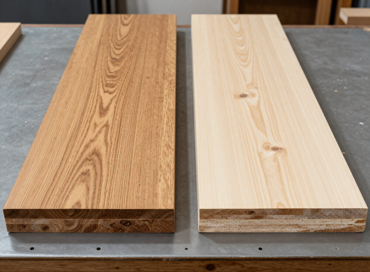 Side-by-side comparison of a dense oak hardwood board and a lighter pine softwood board on a workbench, end grain visible
