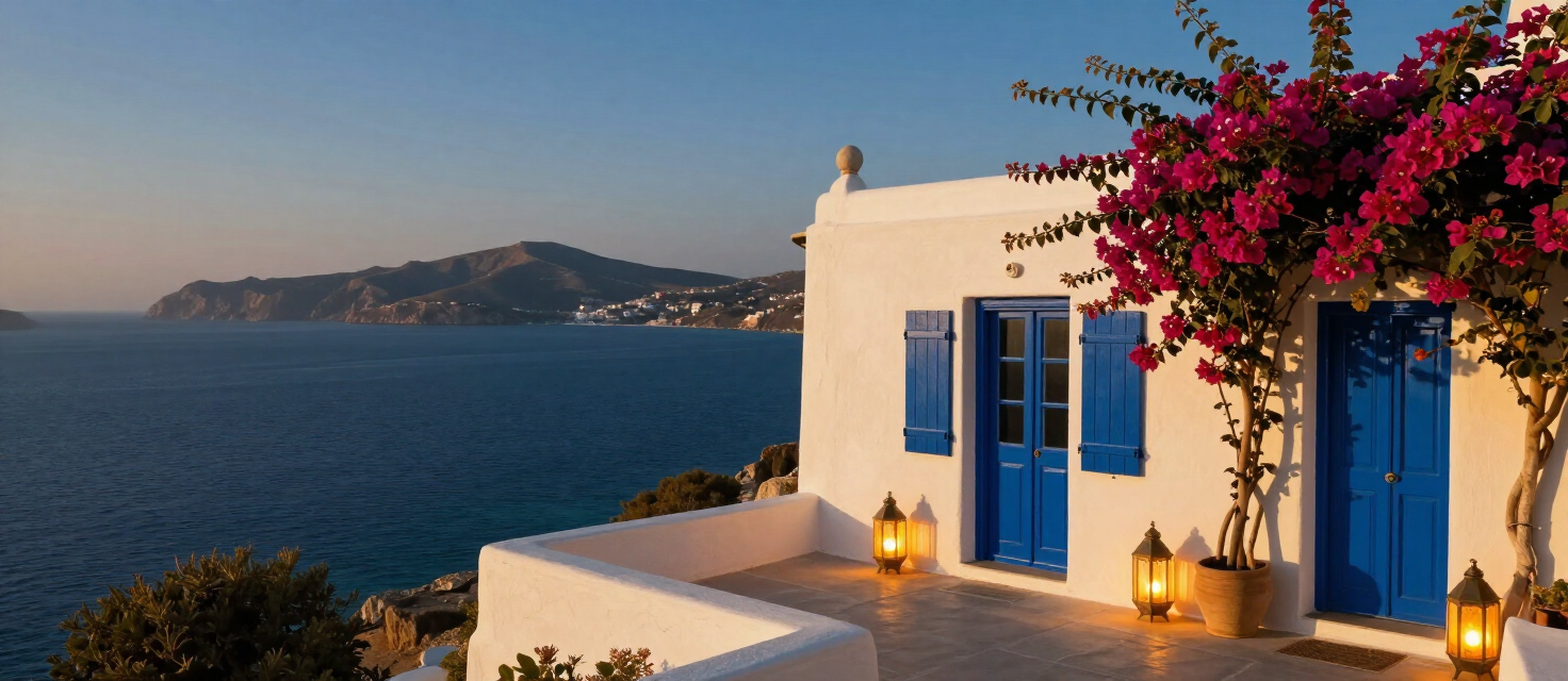 Paradise Guesthouse at golden hour, whitewashed walls and blue shutters above the Aegean sea