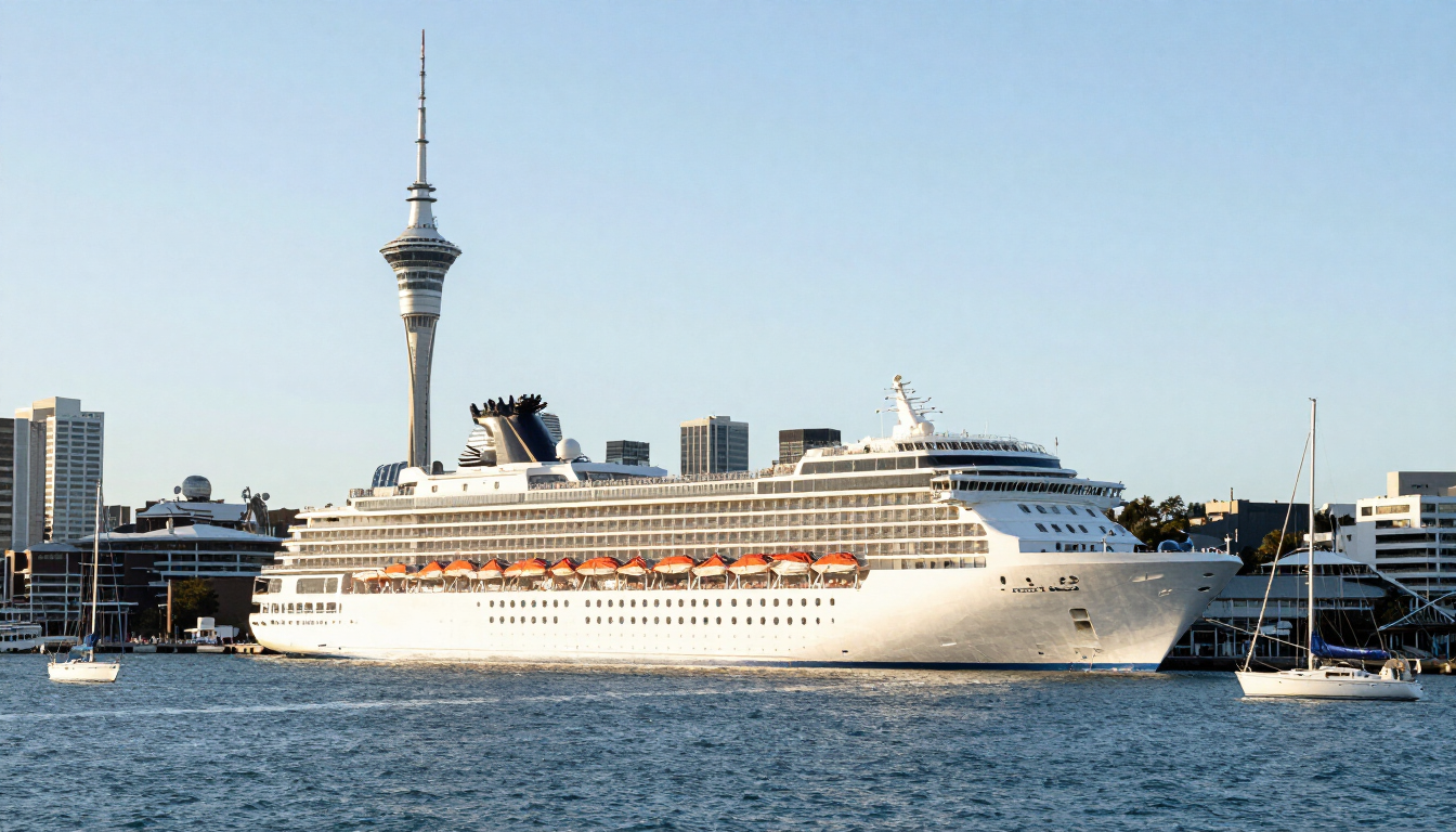 Cruise ship docked in Auckland Harbour with the Sky Tower skyline in the background, New Zealand