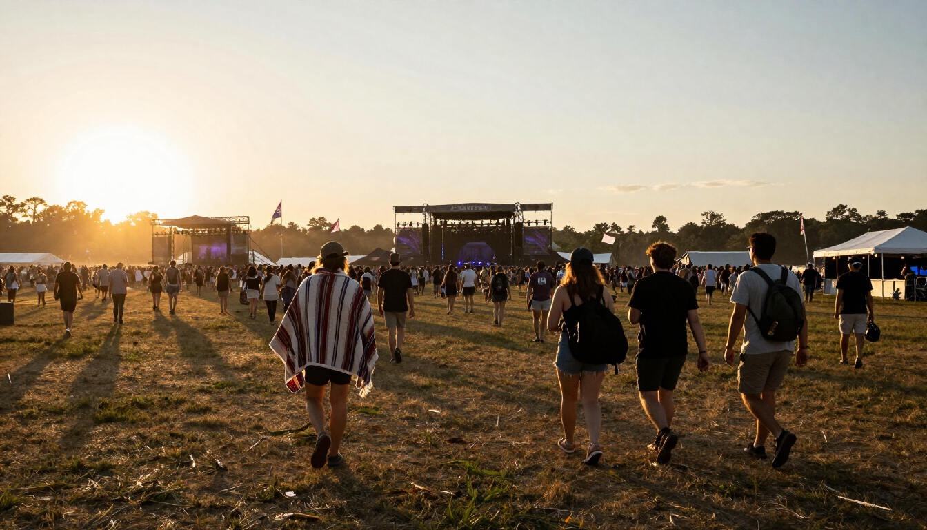 Festival attendees walking across an open field toward stages during golden hour.