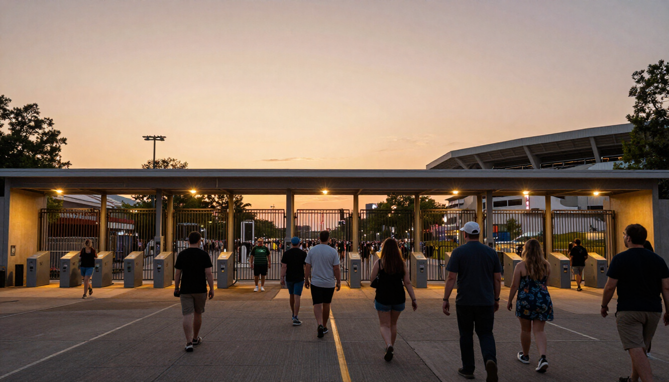 Fans walking toward a large concert stadium at sunset with entry gates ahead