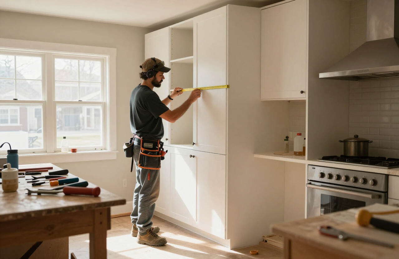 Carpenter rebuilding a kitchen with new cabinetry