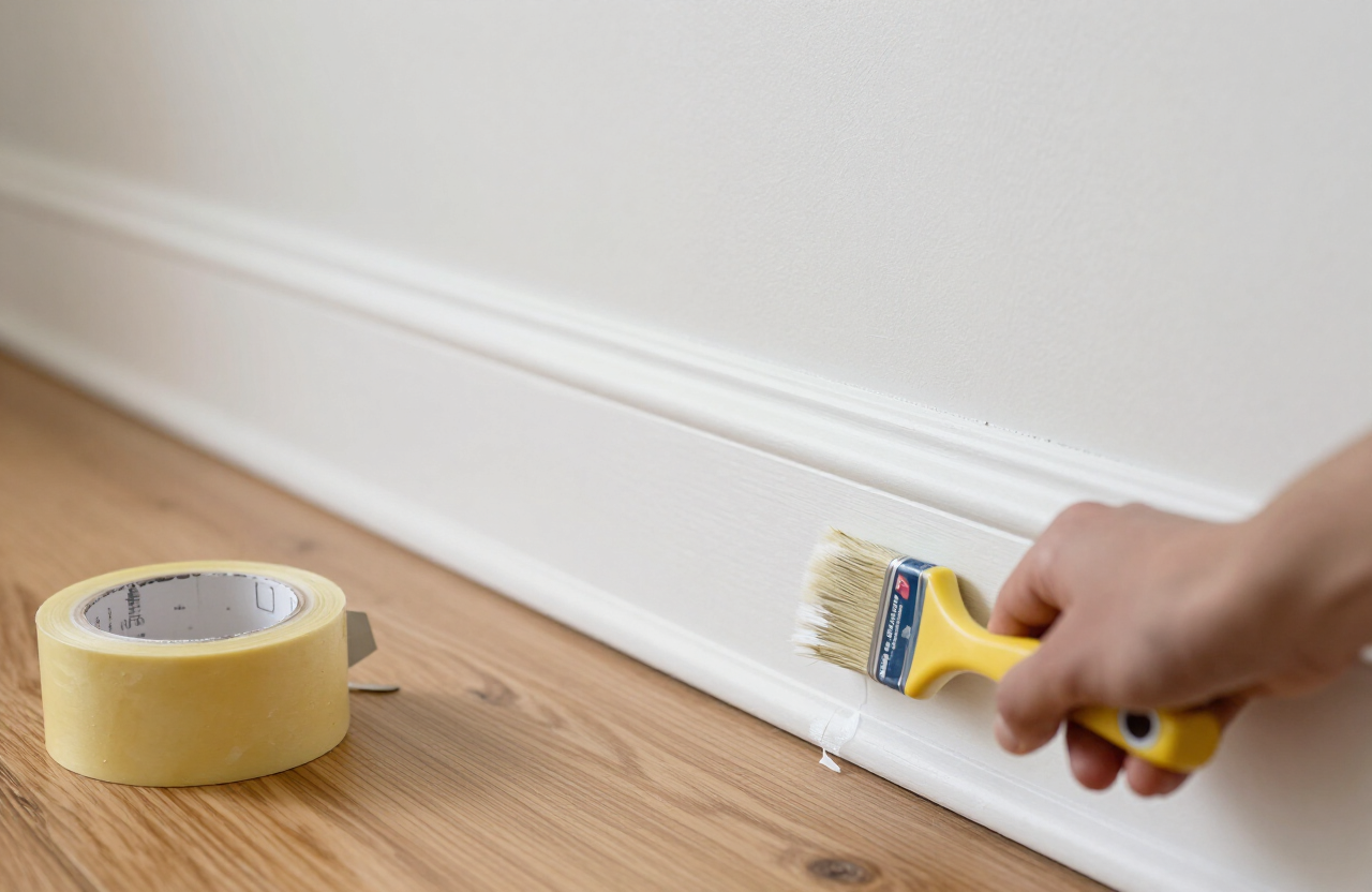 Painter taping and painting white interior trim along a baseboard in a new Secaucus townhome