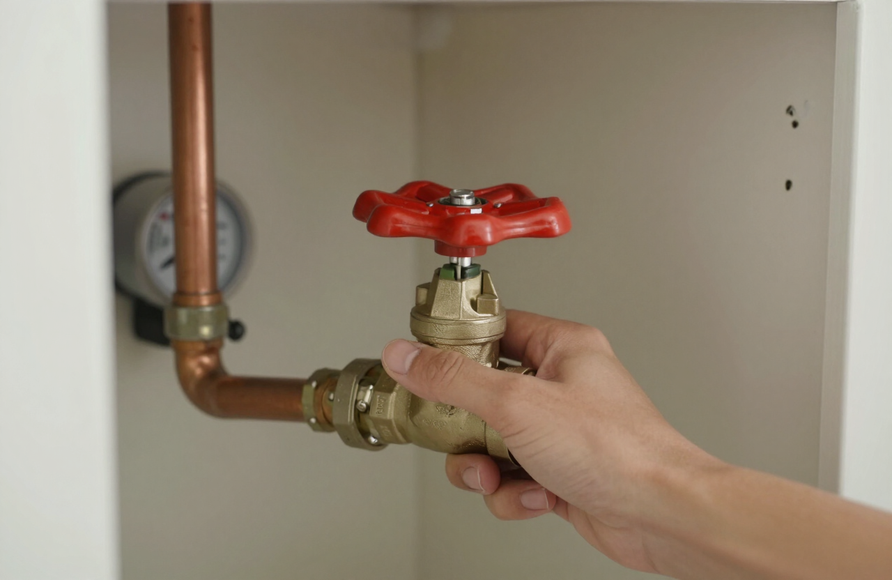 Hand slowly turning a main water shutoff valve on a pipe in a Florida home utility closet, copper pipes and meter visible