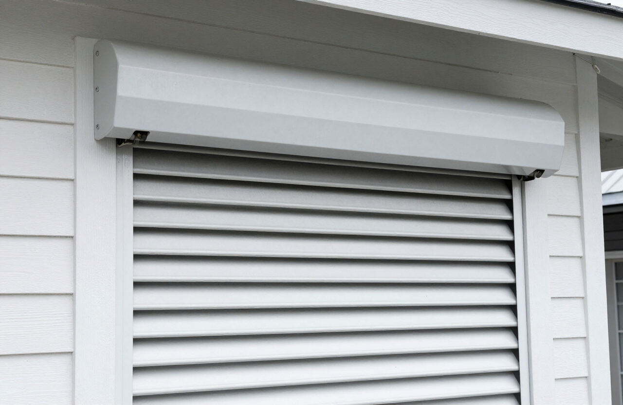 Marine-grade aluminum roll-down hurricane shutters on a home in Nassau, Bahamas