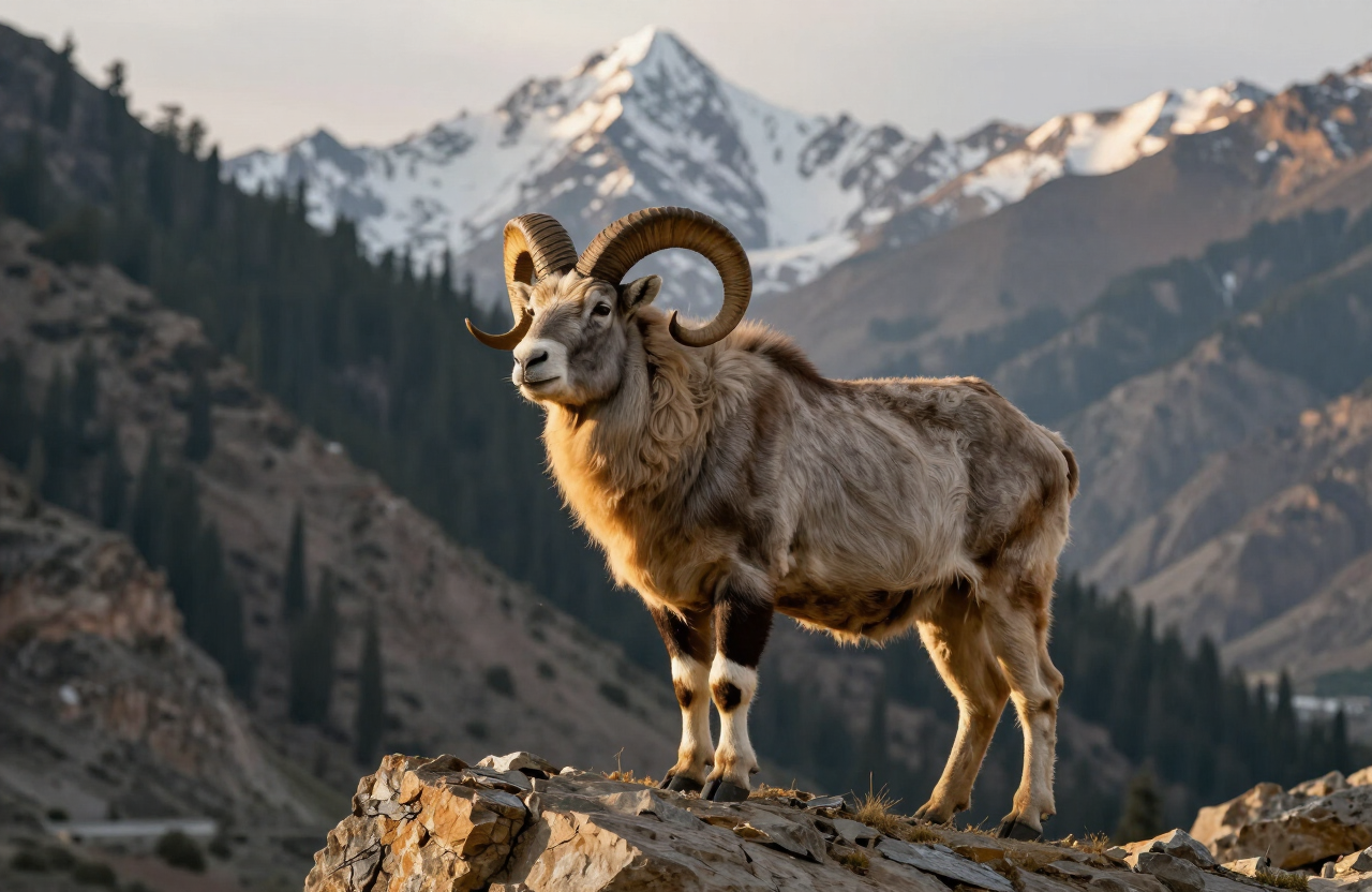 A markhor with spiral horns on a cliff in Chitral Gol National Park
