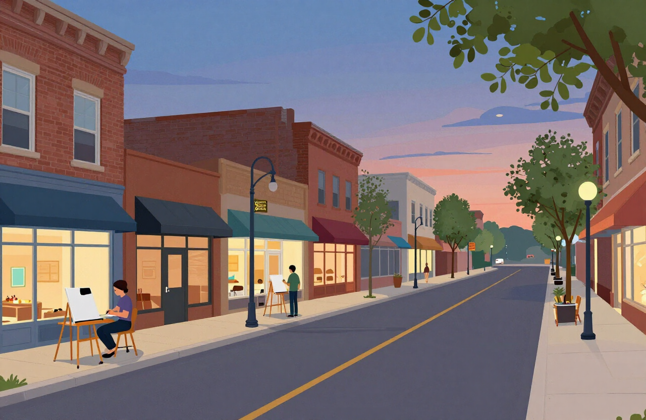 Illustrative image of a small New Jersey downtown commercial corridor with mixed-use storefronts and an after-hours painting setup — not a specific Maywood project.