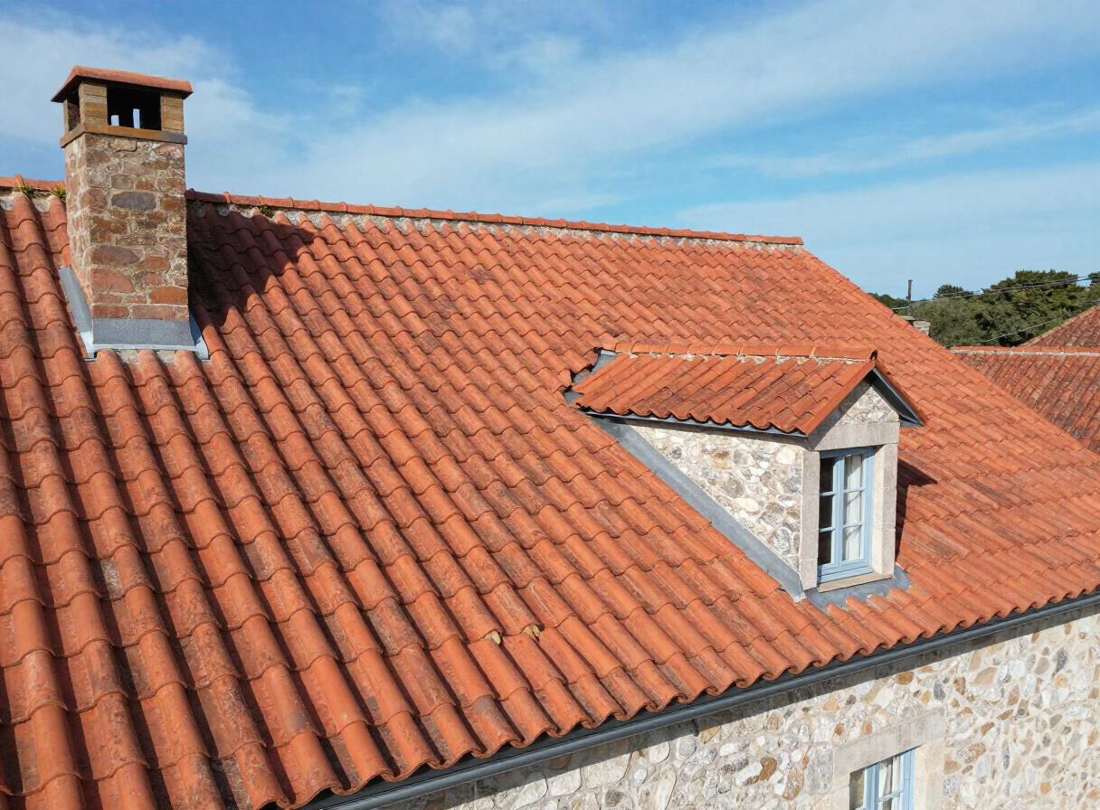 Toiture en tuiles terre cuite entièrement rénovée sur une maison de village vendéen