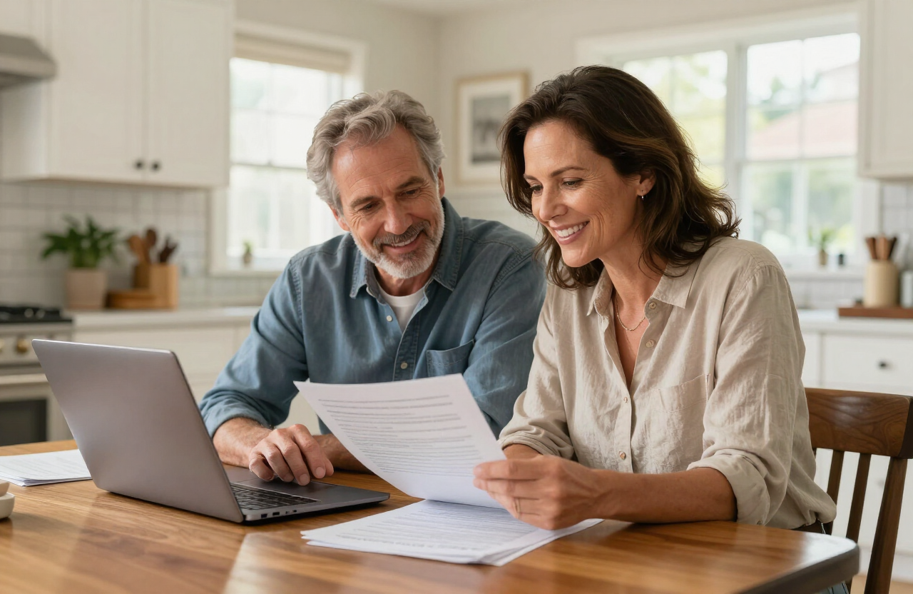 A relieved couple reviewing their timeshare documents together at home