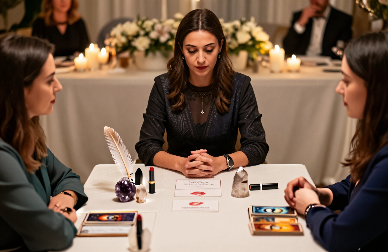 Guests laughing and connecting around a candlelit table with angel oracle cards at an elegant event