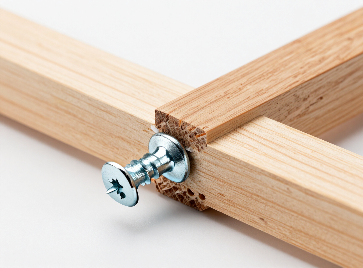Two pieces of wood joined tightly together with a pocket screw, showing the angled screw pulling the joint closed