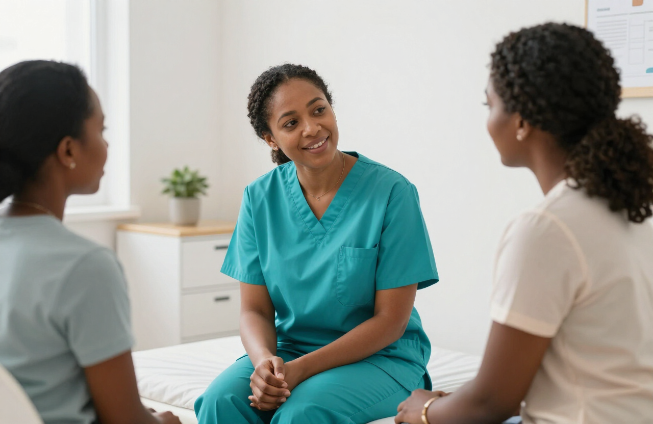 A compassionate healthcare professional in turquoise scrubs talking with a patient and a family member in a bright clinic room